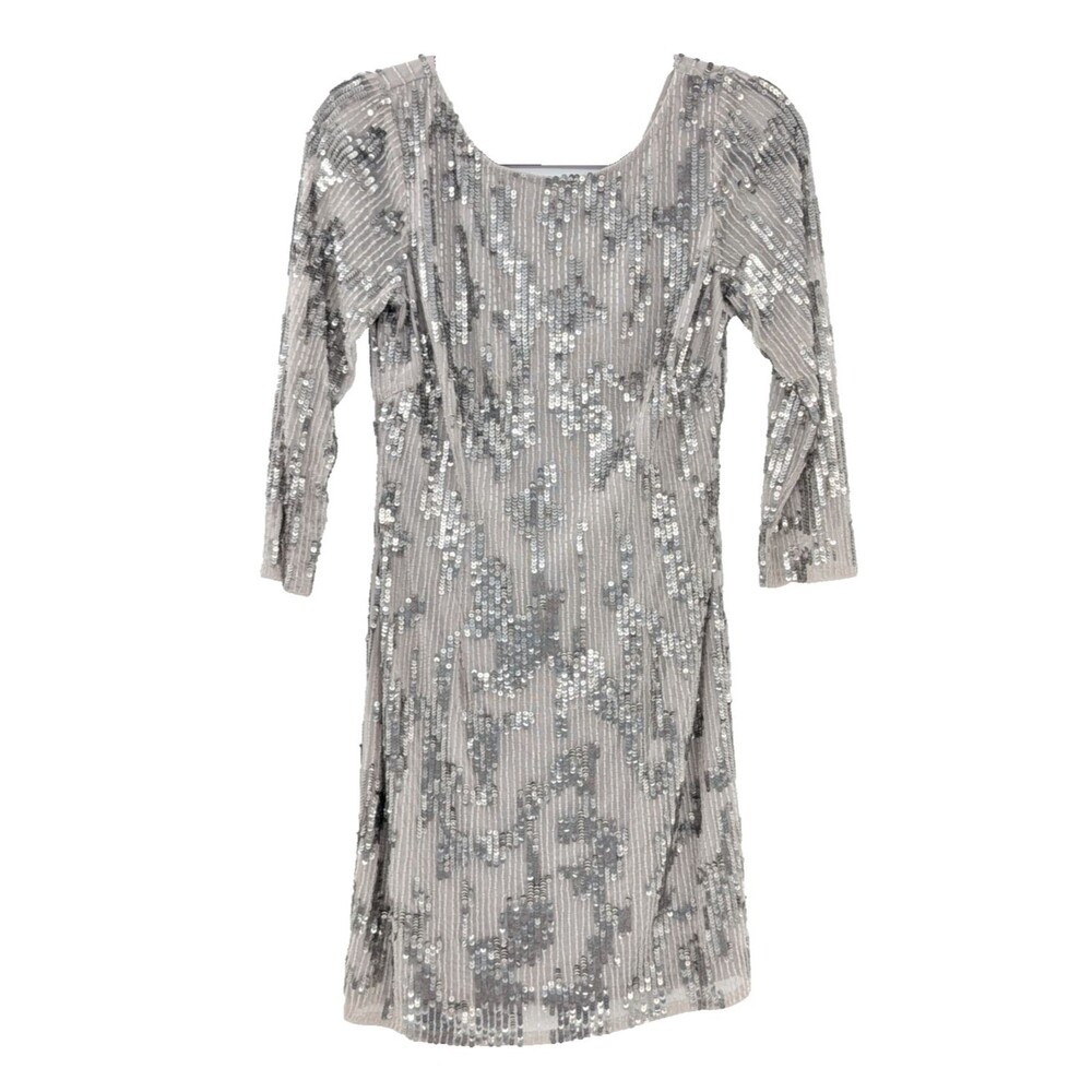 Adrianna Papell Gray Silver Beaded Short Round Neck Long Sleeve Cocktail Dress 6